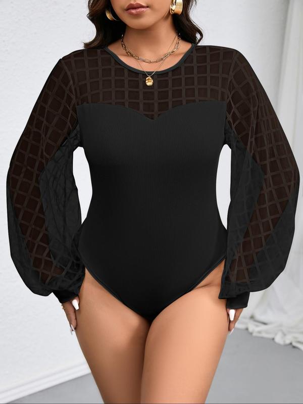  Contrast Plaid Mesh Sheer Bishop Sleeve Bodysuit, Long Sleeve Round Neck Bodysuit for Women, Women's Clothes for Fall & Winter